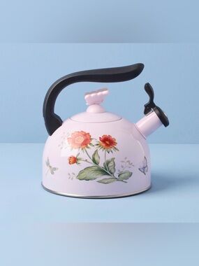 Lenox Pink Floral Whistling Tea Kettle with Black Handle
